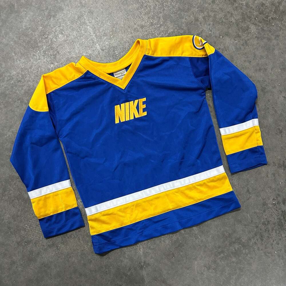 Vintage Nike Blue Yellow White V-Neck Hockey Jersey Size 7